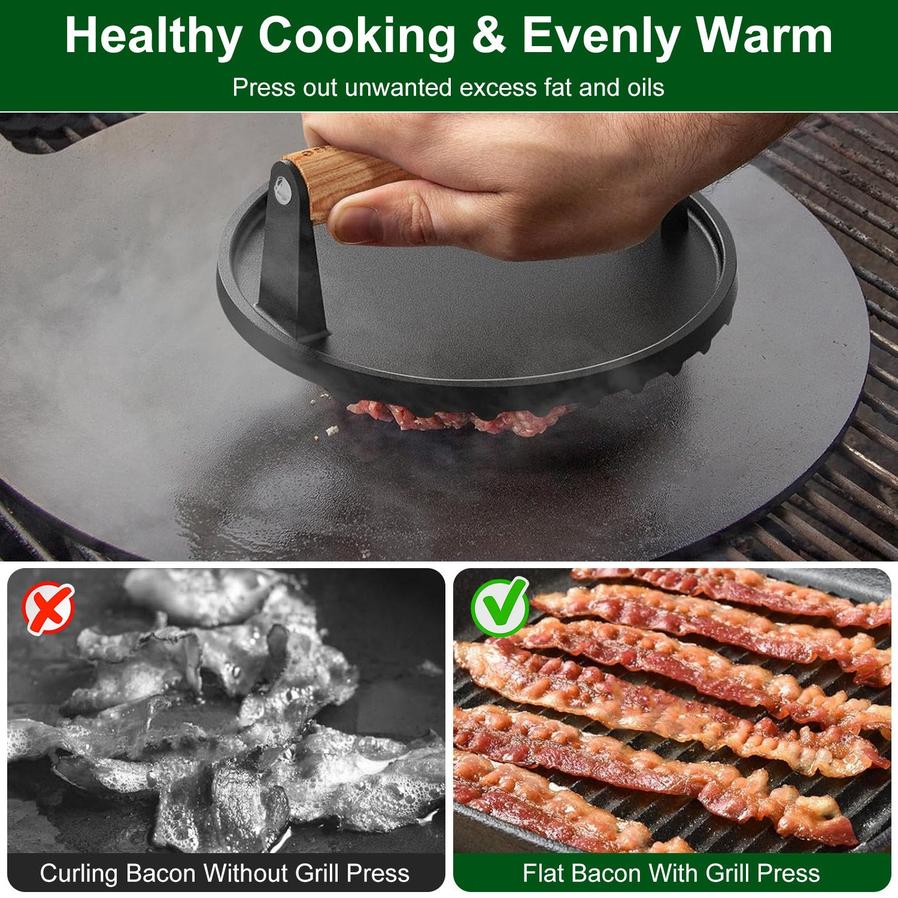 HKM-286995 Pre-Seasoned Cast Iron Grill Press Set - Round & Rectangular Steak Weights with Wooden Handles