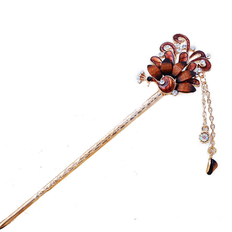 HKM-755347 Alloy Peacock Hairpin with Gemstone Inlay - Exotic Animal Design in Various Colors
