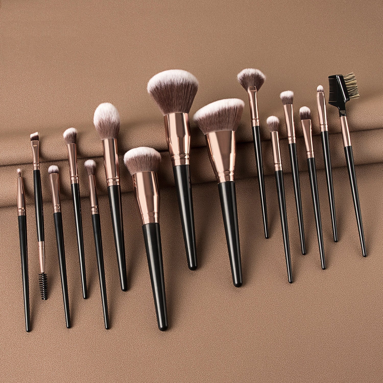 HKM-280275 15-Piece Makeup Brush Set with Eye Shadow Brushes in Brown and Black Handles