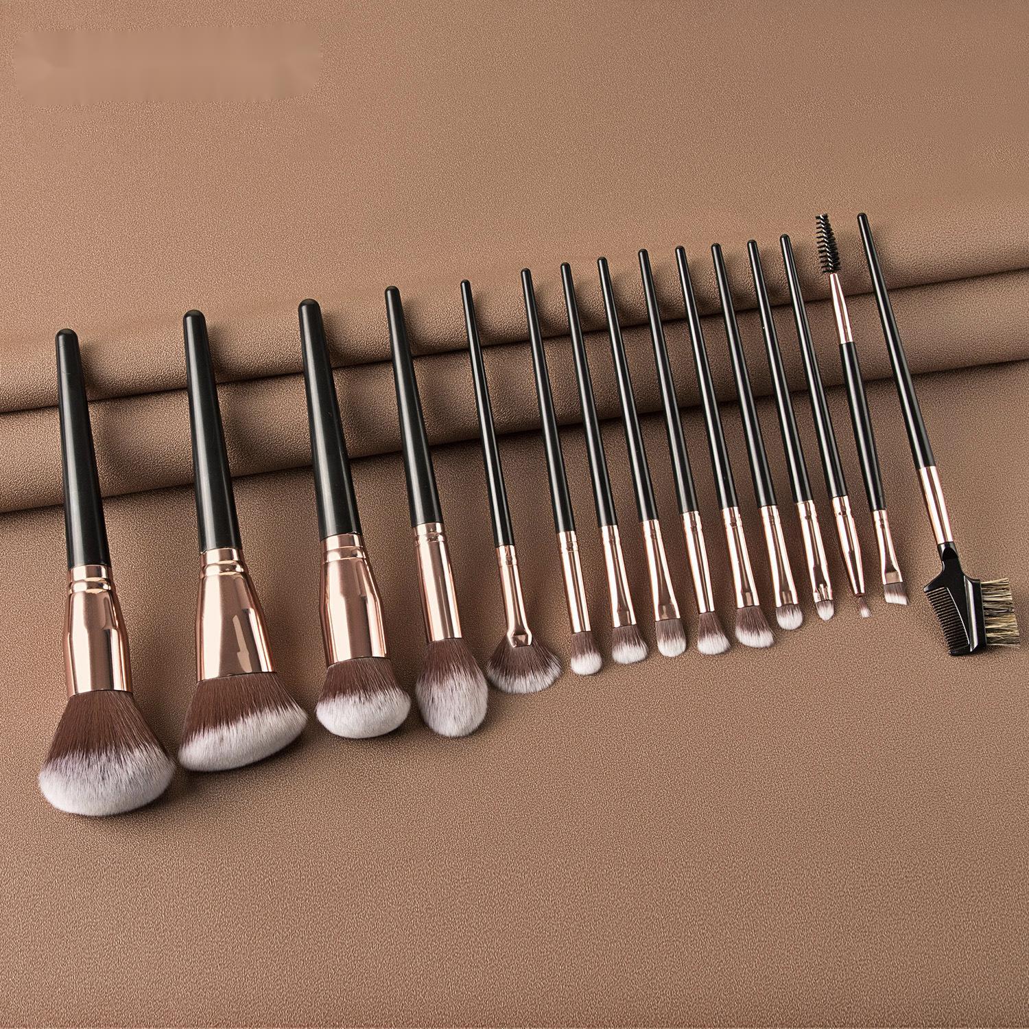 HKM-280275 15-Piece Makeup Brush Set with Eye Shadow Brushes in Brown and Black Handles