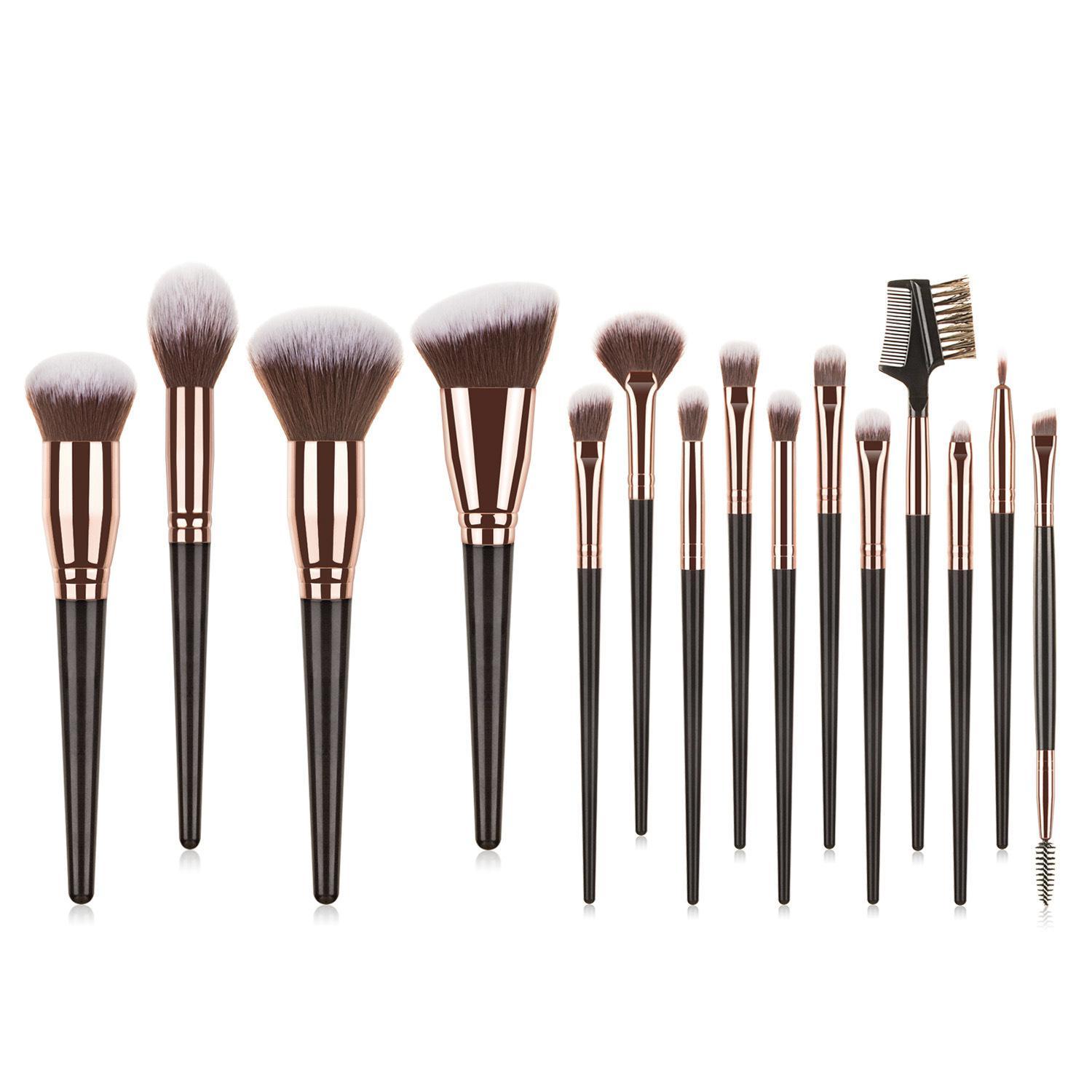 HKM-280275 15-Piece Makeup Brush Set with Eye Shadow Brushes in Brown and Black Handles