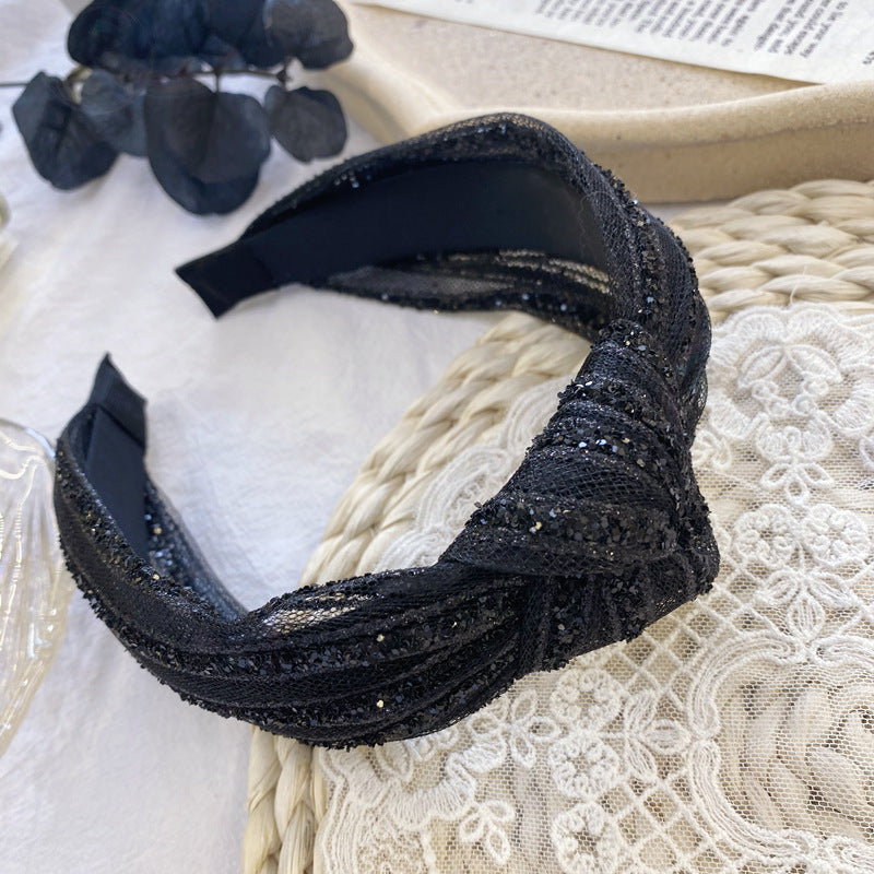 HKM-902227 Black Diamond Glitter Knotted Hair Accessories in Net Yarn Fabric