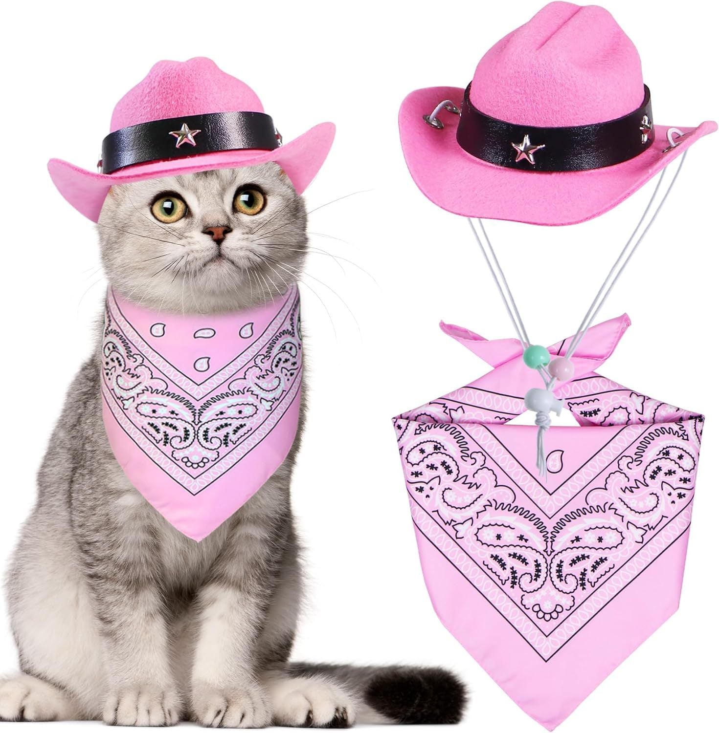 JMT-651914 Cat Cowboy Hat and Bandana Set for Pets - Funny Western Costume for Cats and Kittens - Ideal for Halloween and Themed Parties