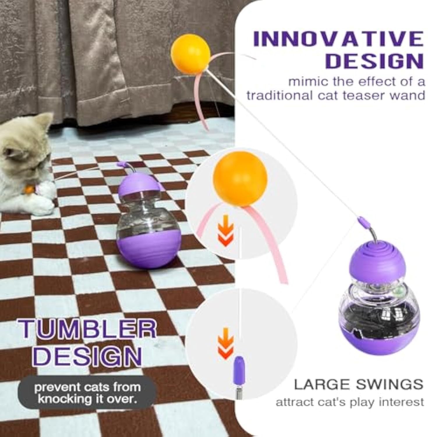 HKM-248467 Interactive Feeding and Play Toy for Cats – Wobble Rocking Design with Teaser Wand, Treat Dispenser, and Light-Up Ball