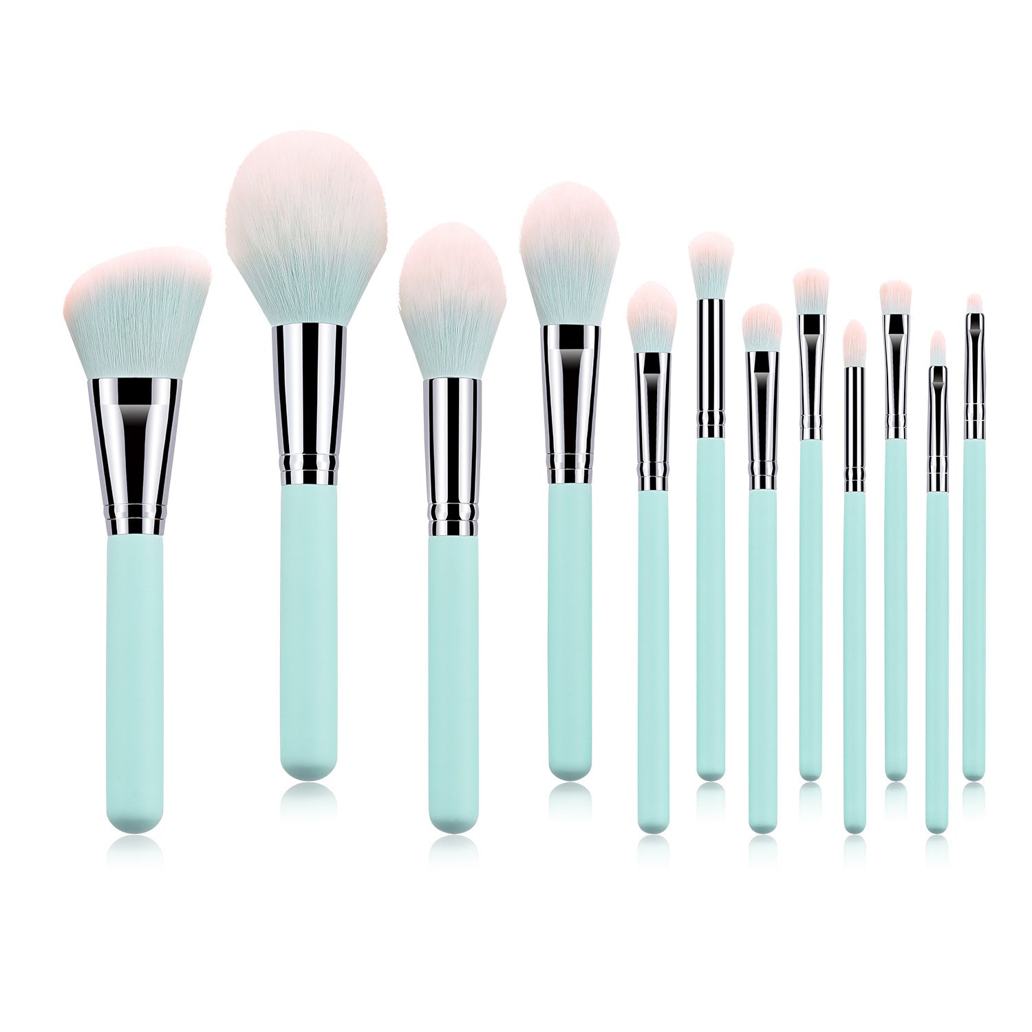 HKM-967251 Light Blue Nylon Bristle Makeup Brush Set with Wooden Handles - 12 Pieces