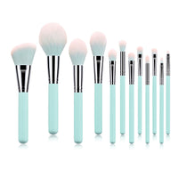 HKM-967251 Light Blue Nylon Bristle Makeup Brush Set with Wooden Handles - 12 Pieces