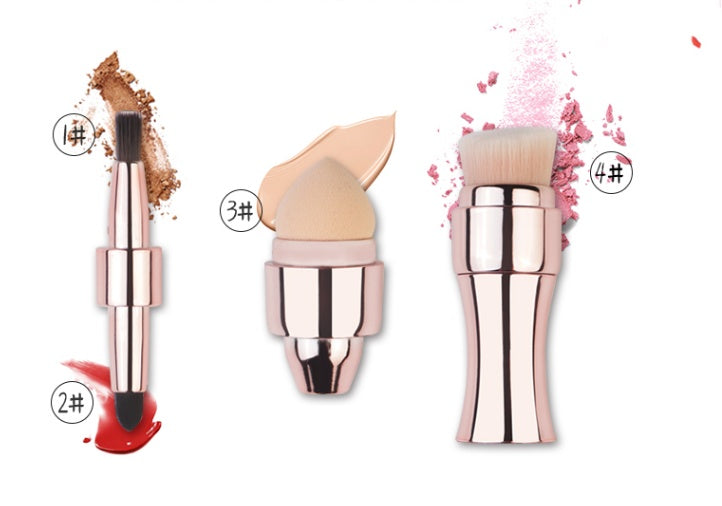 HKM-786451 4-in-1 Portable Makeup Brush Set with PBT Bristles and Latex Sponge Puff