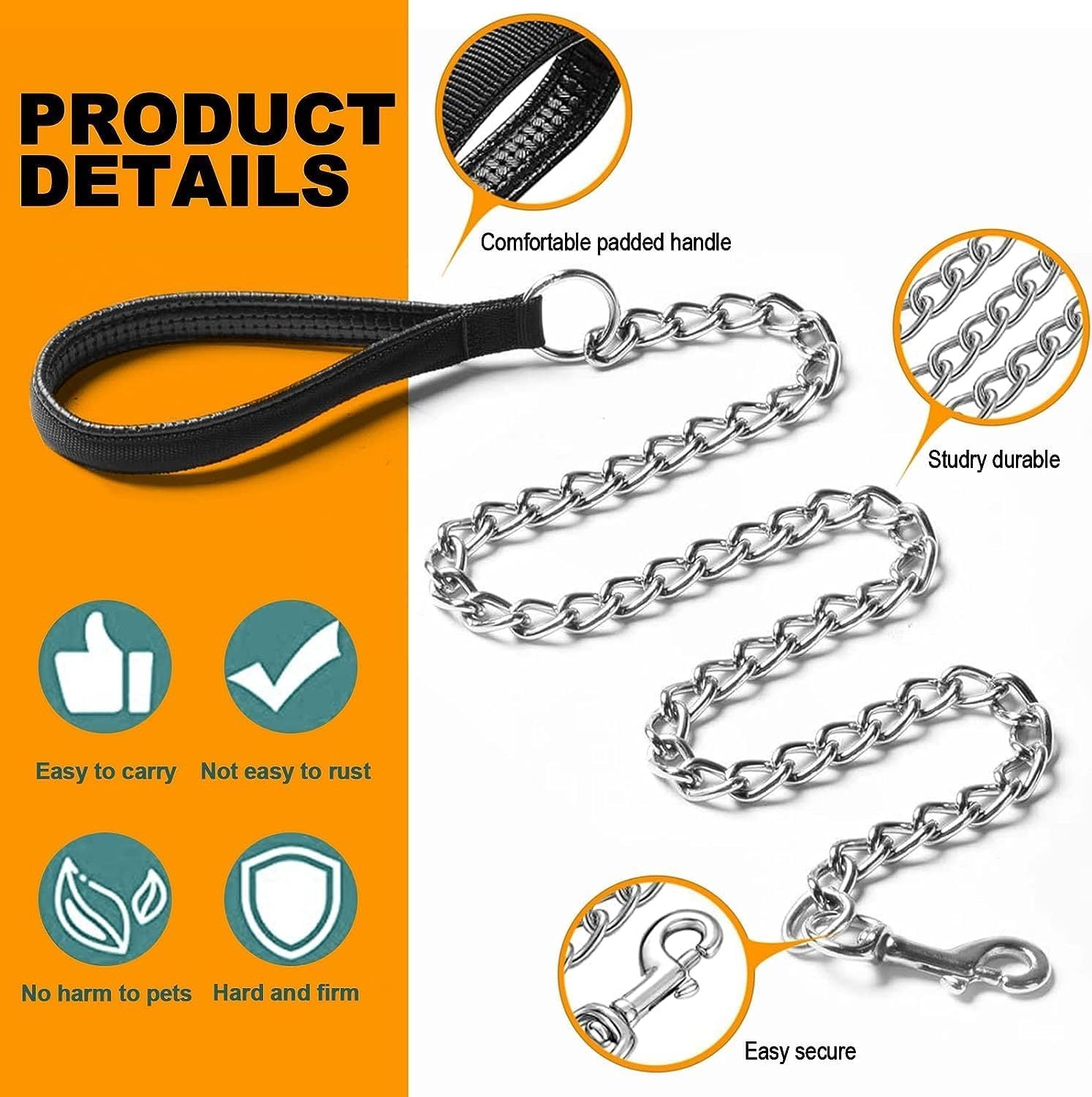 HKM-299027 Heavy-Duty Chew-Proof Metal Dog Leash with Soft Padded Handle for Large and Medium Dogs