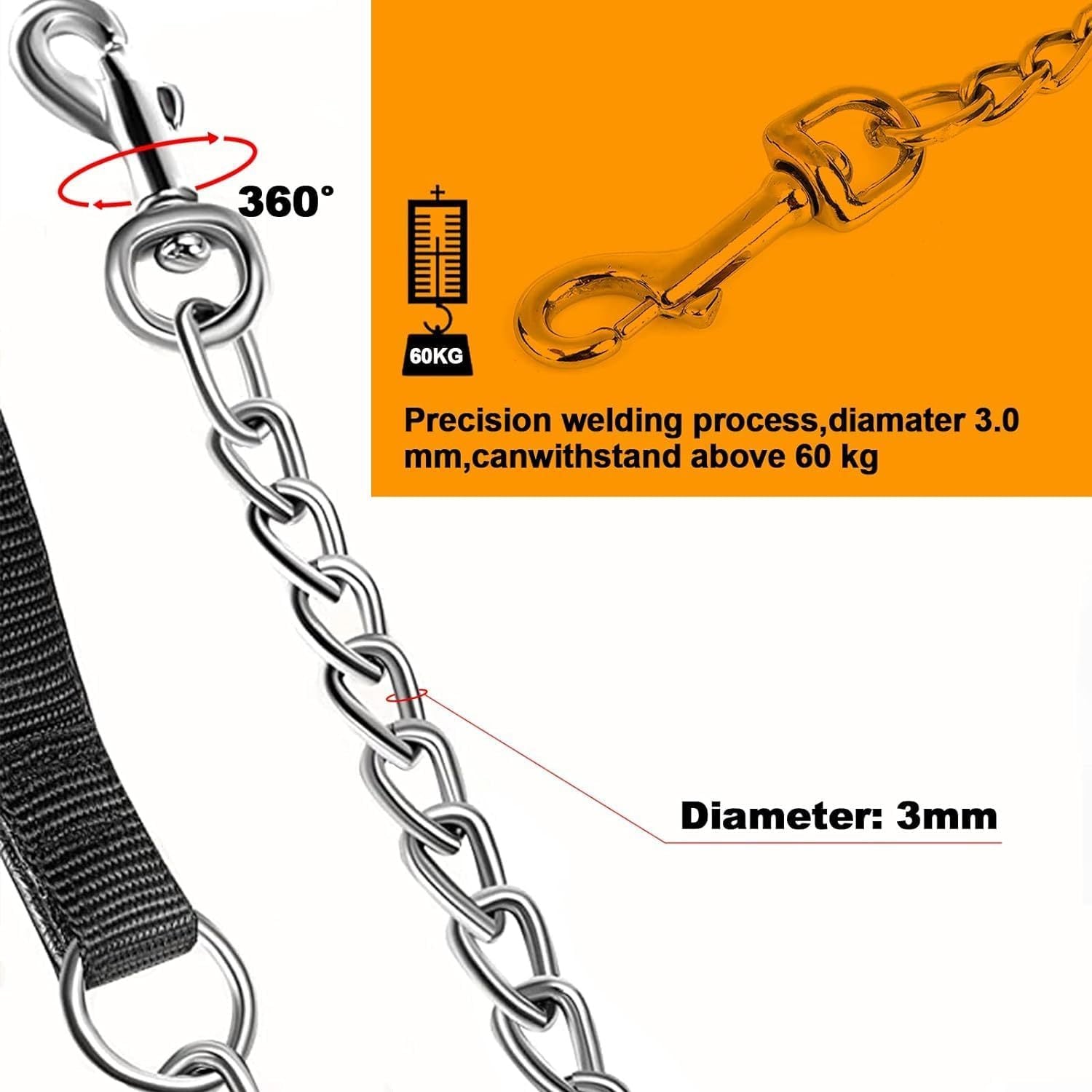 HKM-299027 Heavy-Duty Chew-Proof Metal Dog Leash with Soft Padded Handle for Large and Medium Dogs