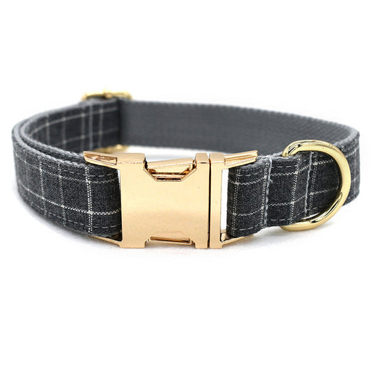 HKM-954067 Grey Plaid Dog Collar with Golden Metal Button - Adjustable Nylon Design