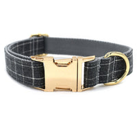 HKM-954067 Grey Plaid Dog Collar with Golden Metal Button - Adjustable Nylon Design