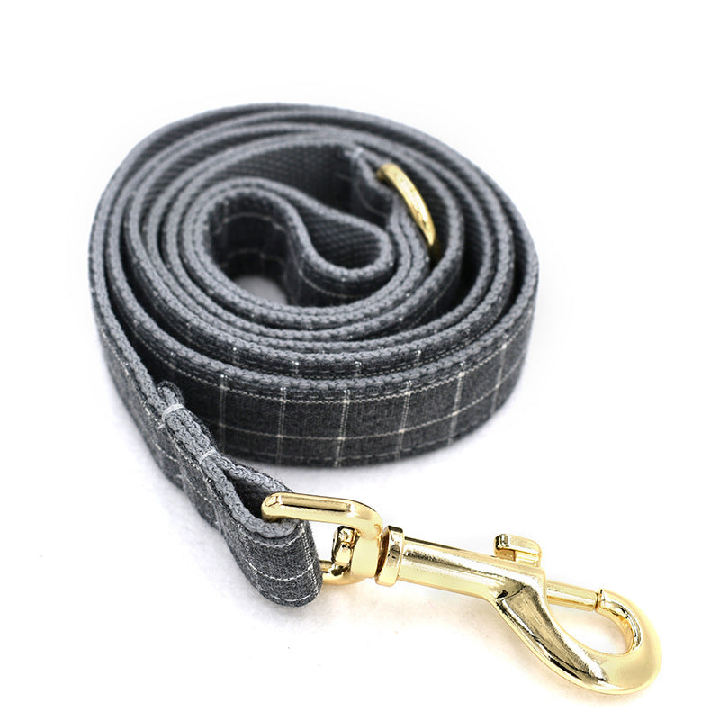 HKM-954067 Grey Plaid Dog Collar with Golden Metal Button - Adjustable Nylon Design