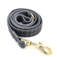 HKM-954067 Grey Plaid Dog Collar with Golden Metal Button - Adjustable Nylon Design