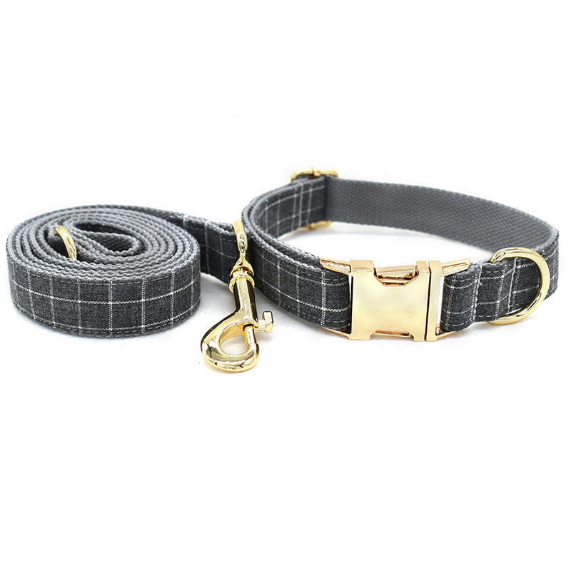 HKM-954067 Grey Plaid Dog Collar with Golden Metal Button - Adjustable Nylon Design