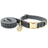 HKM-954067 Grey Plaid Dog Collar with Golden Metal Button - Adjustable Nylon Design