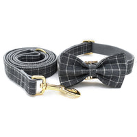 HKM-954067 Grey Plaid Dog Collar with Golden Metal Button - Adjustable Nylon Design