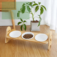 HKM-257491 Elevated Solid Wood Ceramic Cat Bowl with Adjustable 15° Tilt for Comfort and Cervical Spine Health