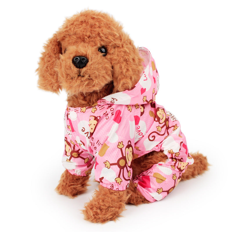 HKM-860563 Cute Printed Pet Raincoat for Small Dogs - Pink, Blue, and Yellow Monkey Designs, Multiple Sizes Available