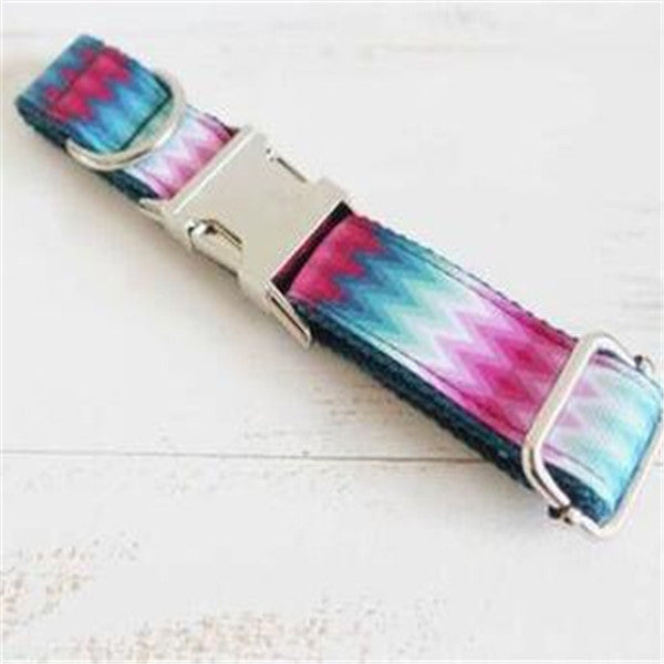 HKM-016147 Patterned Dog Collar and Leash Set with Colorful Webbing - Polyester Material - Available in Green Peacock Sizes XS to XL