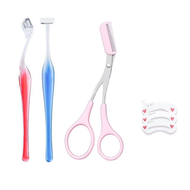 HKM-235347 Mini Eyebrow Trimming Knife Set with Scissors - T-Shaped and L-Shaped Tools, Ideal for All Skin Types