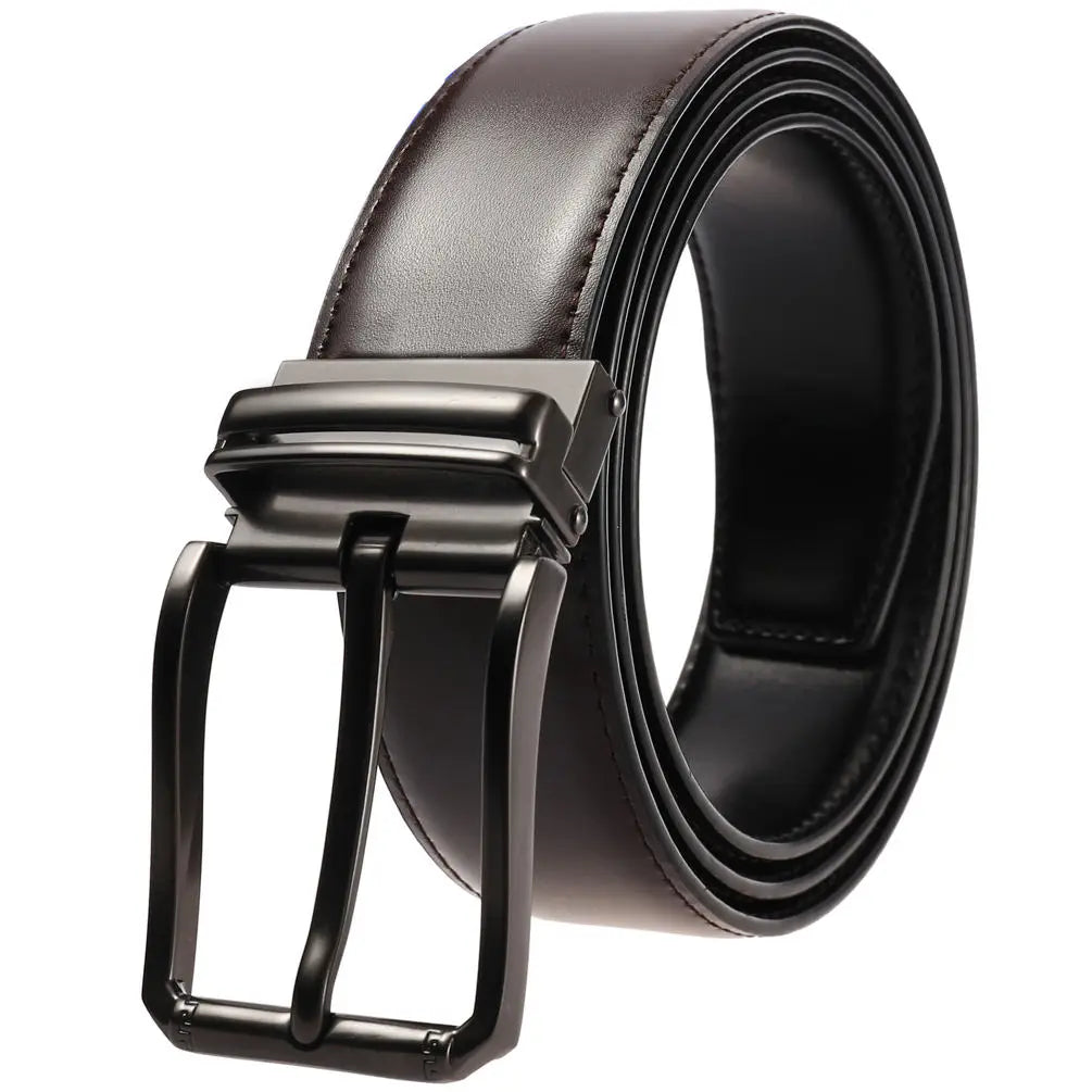 HKM-262803 Reversible Double-Sided Leather Cowhide Belt with Rotating Pin Buckle for Men