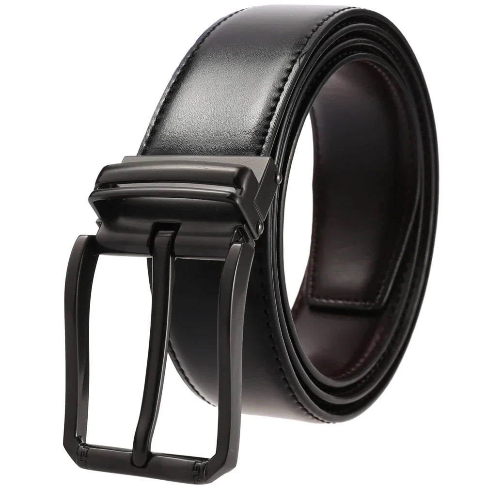 HKM-262803 Reversible Double-Sided Leather Cowhide Belt with Rotating Pin Buckle for Men