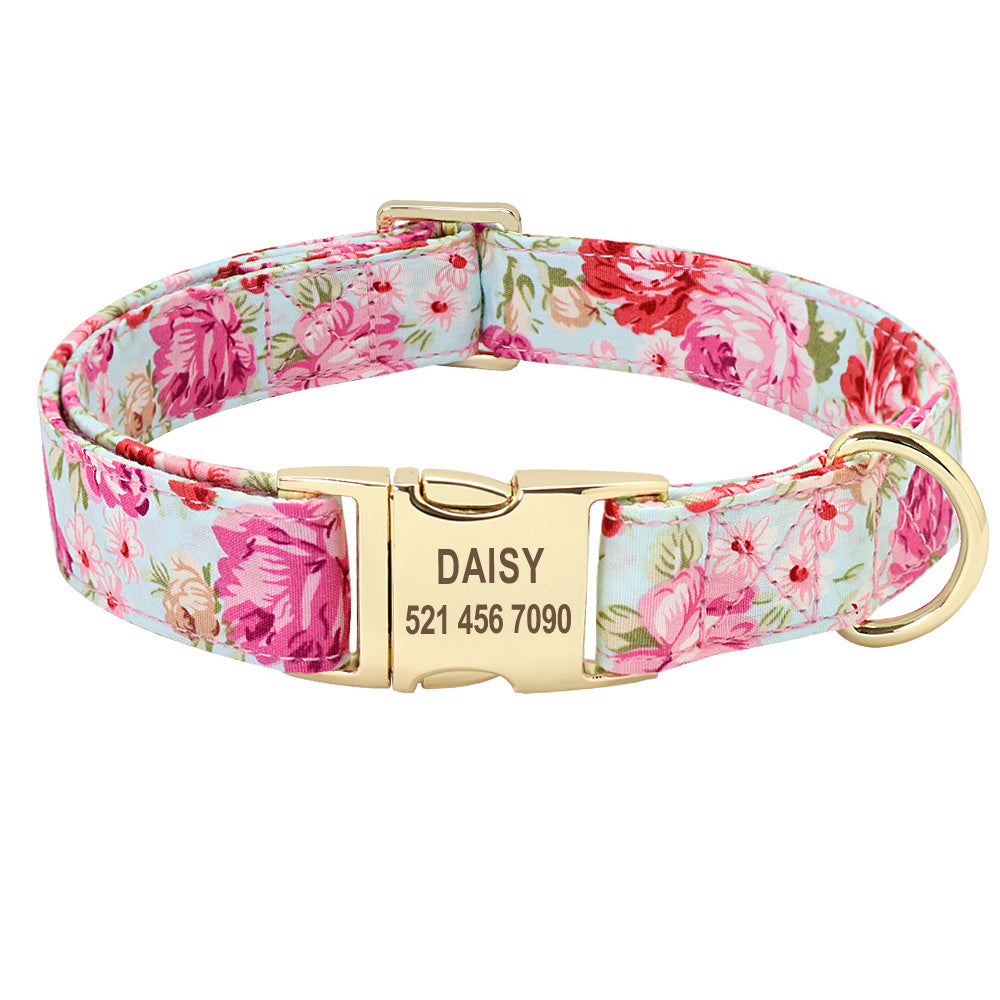 HKM-259027 Personalized Cotton Dog Collar with Golden Alloy Buckle - Sizes S, M, L Available