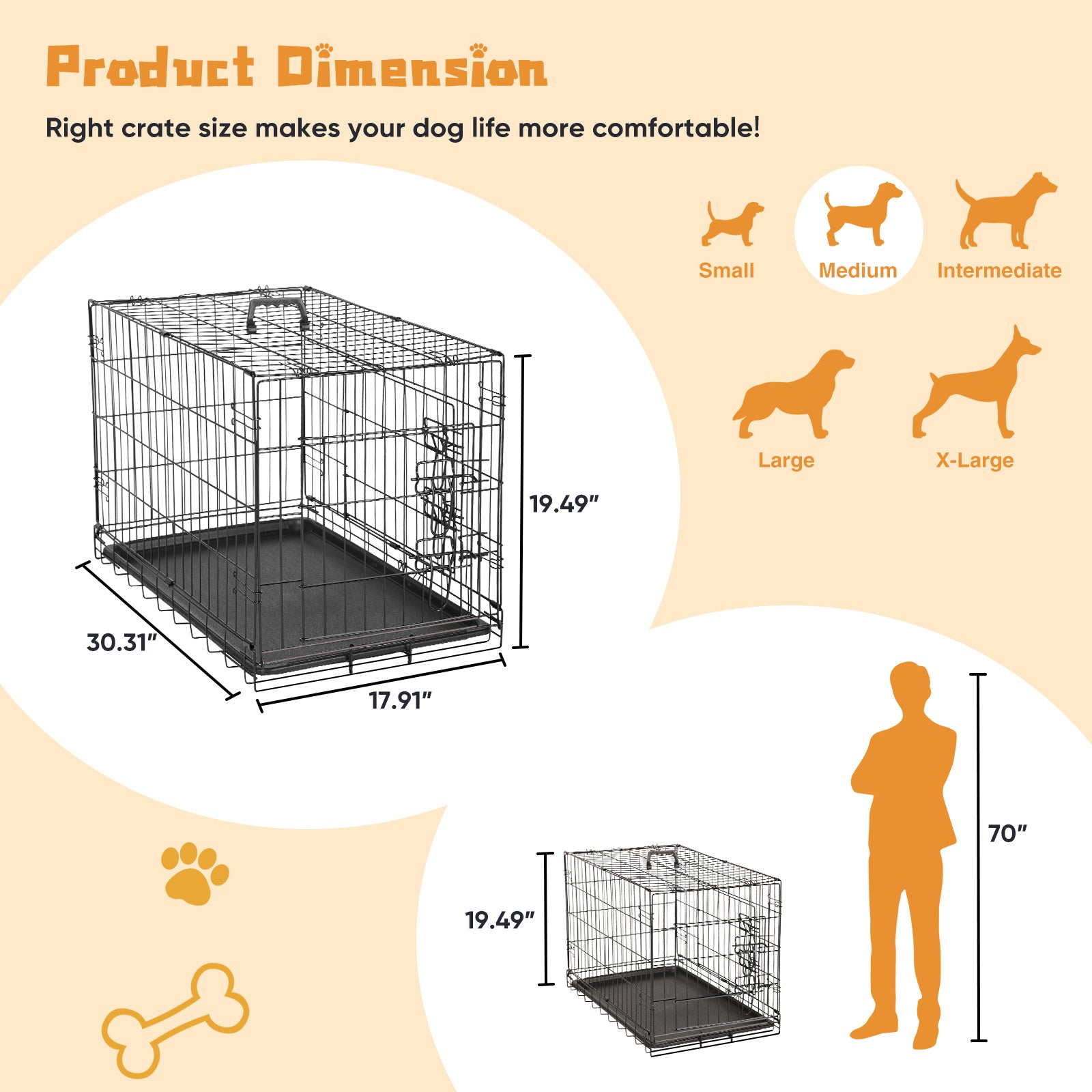 HKM-380499 Single Door Dog Cage - 24 to 30 Inches, Durable Metal Structure, Suitable for Small to Medium Dogs