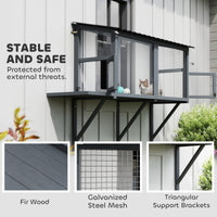HKM-826067 Gray Wooden Cat Catio with Window Perch and Jumping Platform for Indoor Cats Enjoying Outdoor Views