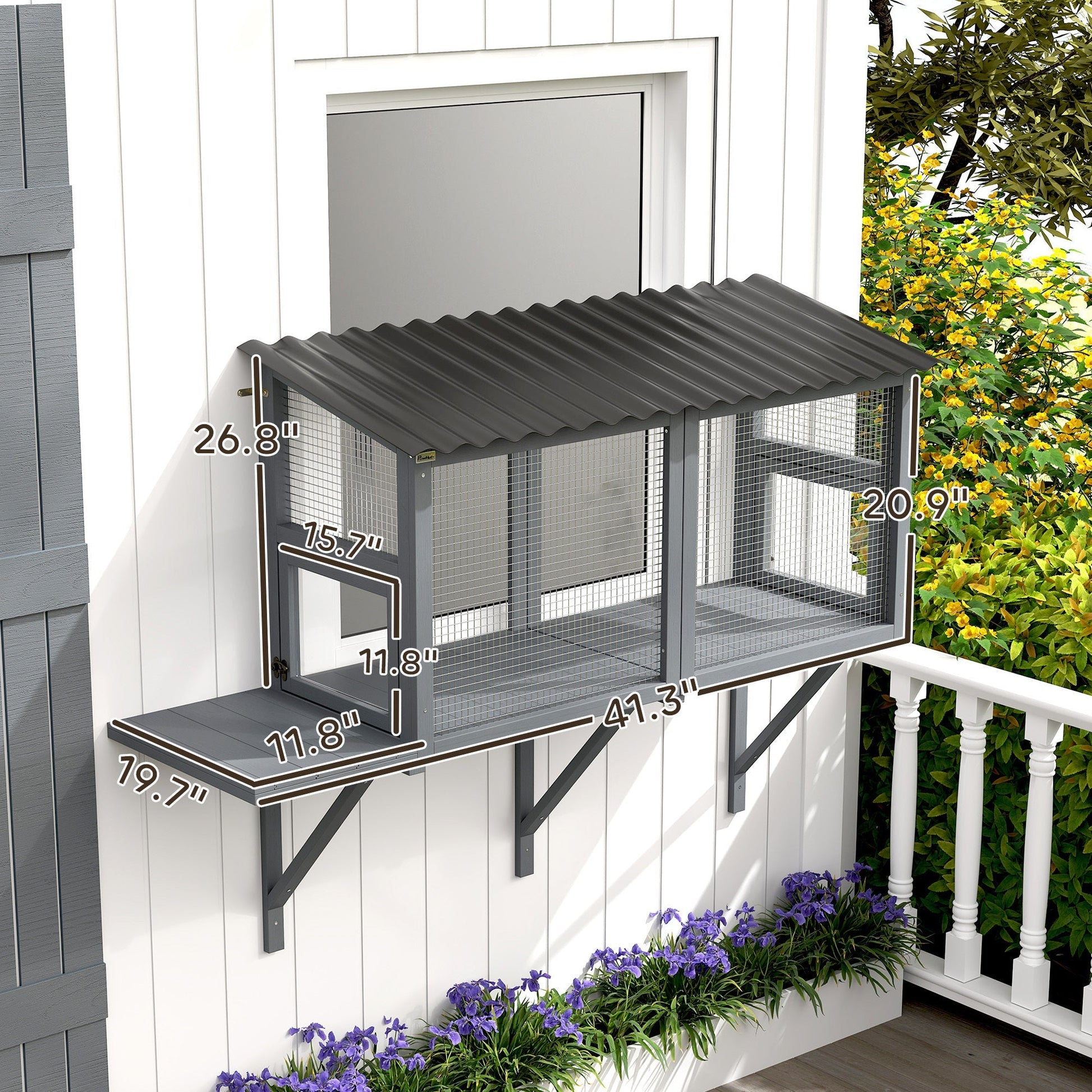 HKM-826067 Gray Wooden Cat Catio with Window Perch and Jumping Platform for Indoor Cats Enjoying Outdoor Views