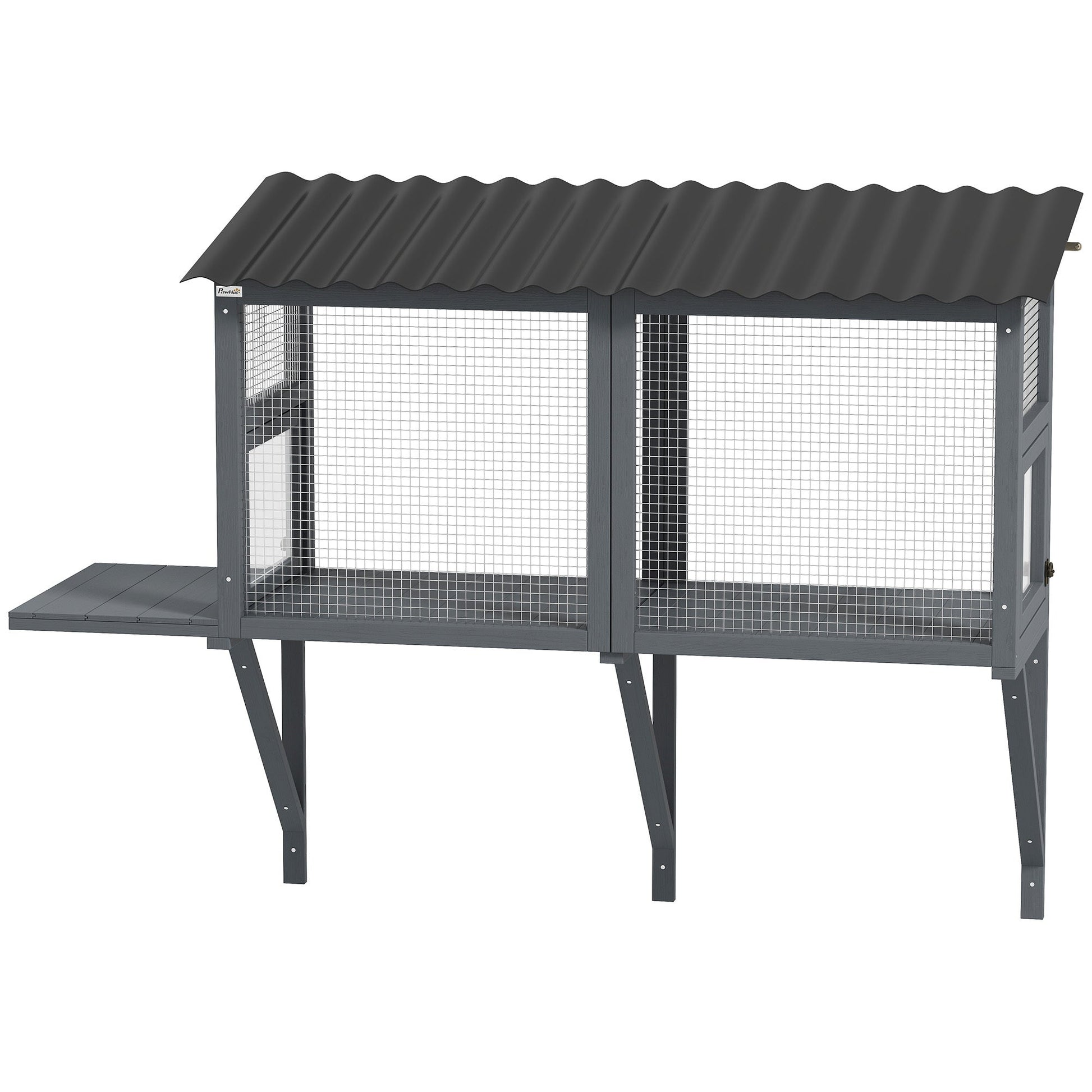 HKM-826067 Gray Wooden Cat Catio with Window Perch and Jumping Platform for Indoor Cats Enjoying Outdoor Views