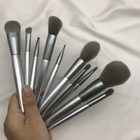 HKM-976147 Moonlight Silver 10-Piece Makeup Brush Set with Wooden Handles and PU Bag