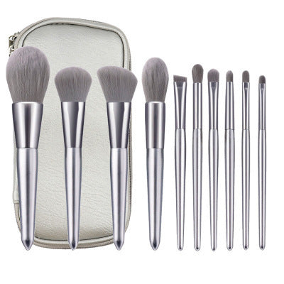 HKM-976147 Moonlight Silver 10-Piece Makeup Brush Set with Wooden Handles and PU Bag