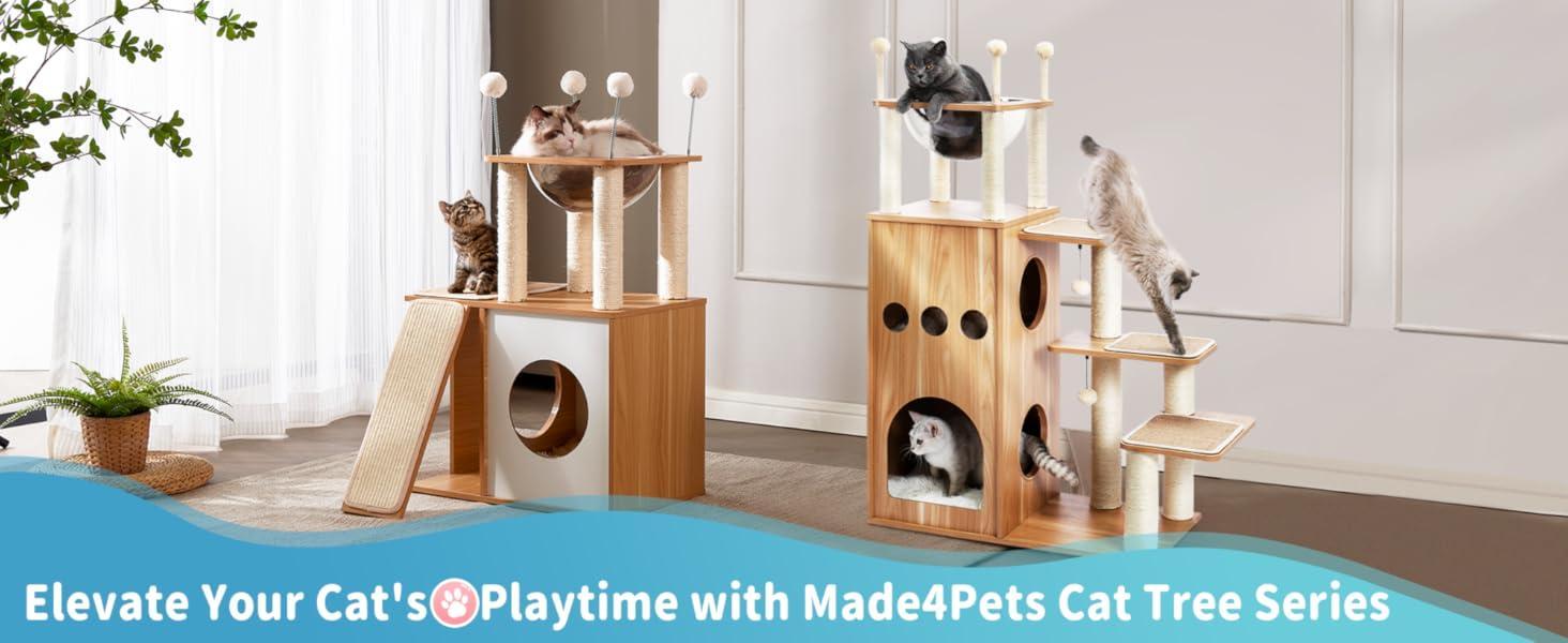 HKM-316435 Indoor Wooden Cat Climbing Frame with Scratching Post, Ramp, and Cozy Condo for Large Cats and Kittens