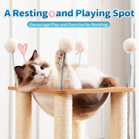 HKM-316435 Indoor Wooden Cat Climbing Frame with Scratching Post, Ramp, and Cozy Condo for Large Cats and Kittens
