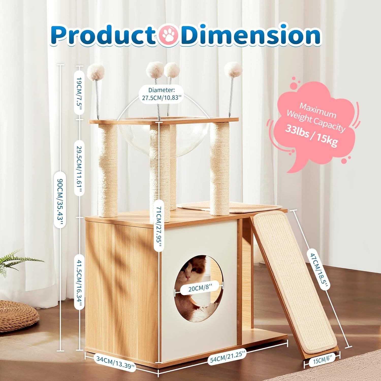 HKM-316435 Indoor Wooden Cat Climbing Frame with Scratching Post, Ramp, and Cozy Condo for Large Cats and Kittens