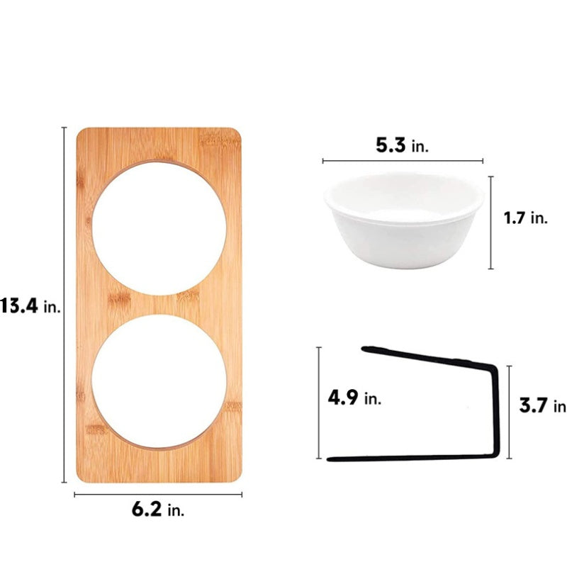 HKM-843219 Tilted Ceramic Dog Food and Water Bowl Set with Bamboo Stand for Small Pets