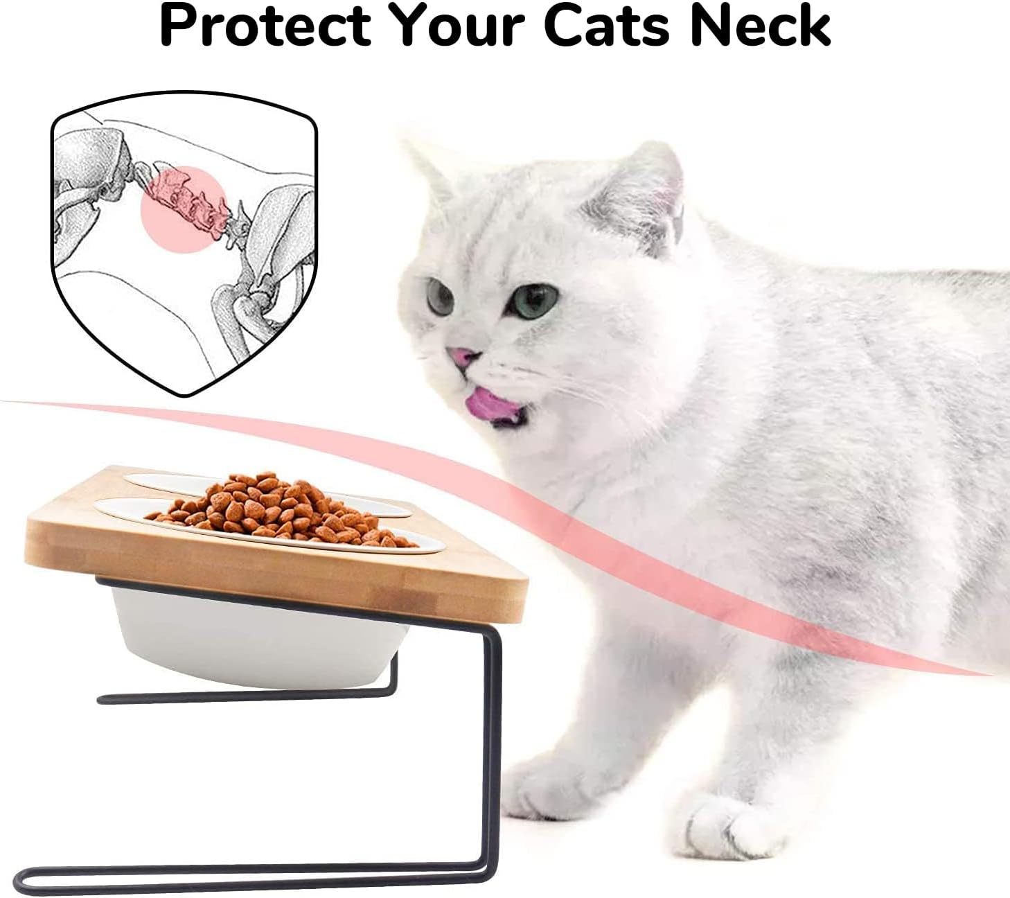 HKM-843219 Tilted Ceramic Dog Food and Water Bowl Set with Bamboo Stand for Small Pets