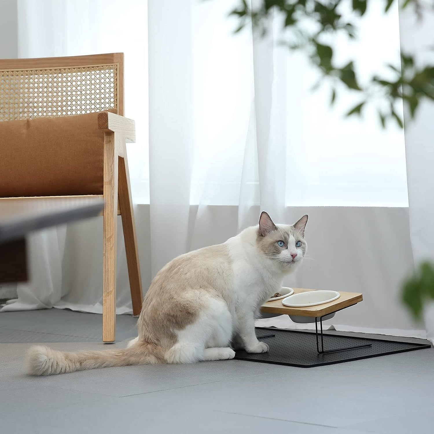 HKM-843219 Tilted Ceramic Dog Food and Water Bowl Set with Bamboo Stand for Small Pets