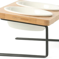 HKM-843219 Tilted Ceramic Dog Food and Water Bowl Set with Bamboo Stand for Small Pets