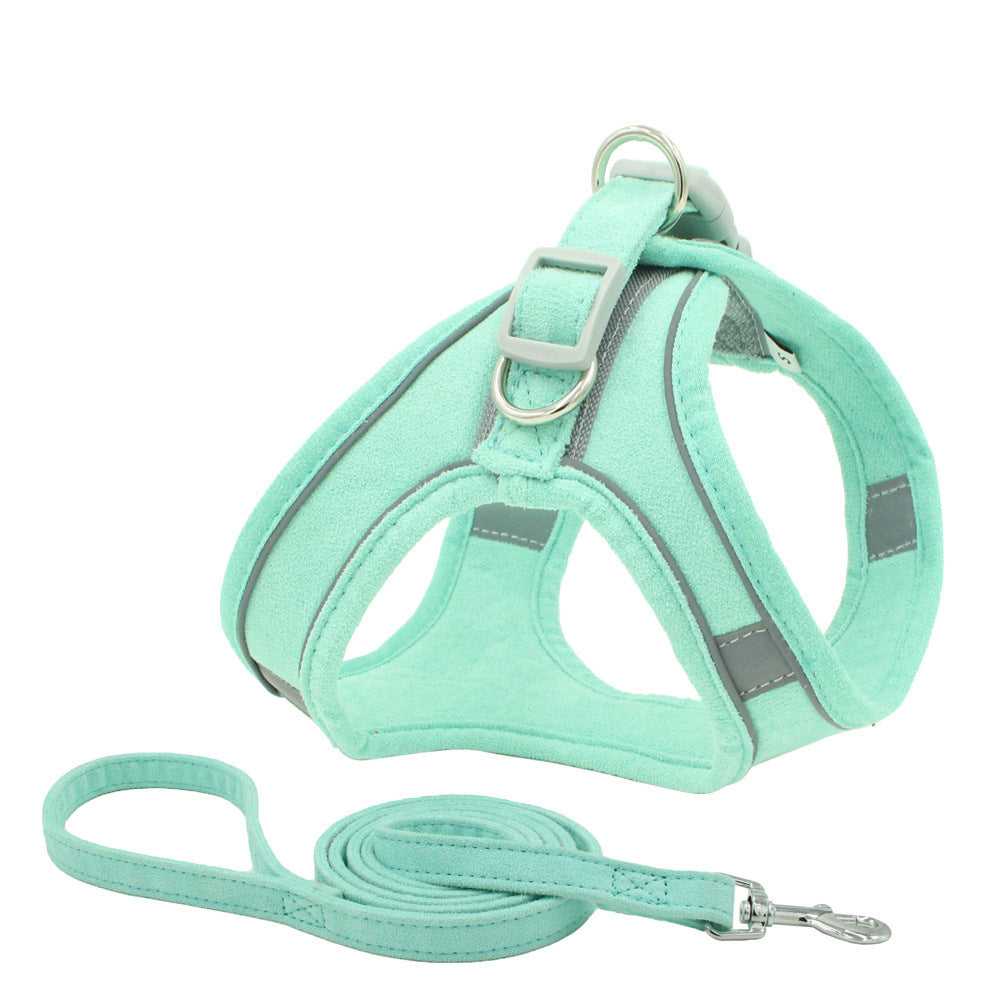 HKM-582739 Reflective and Breathable Suede Pet Chest Harness with Adjustable Traction Rope for Small Dogs and Cats