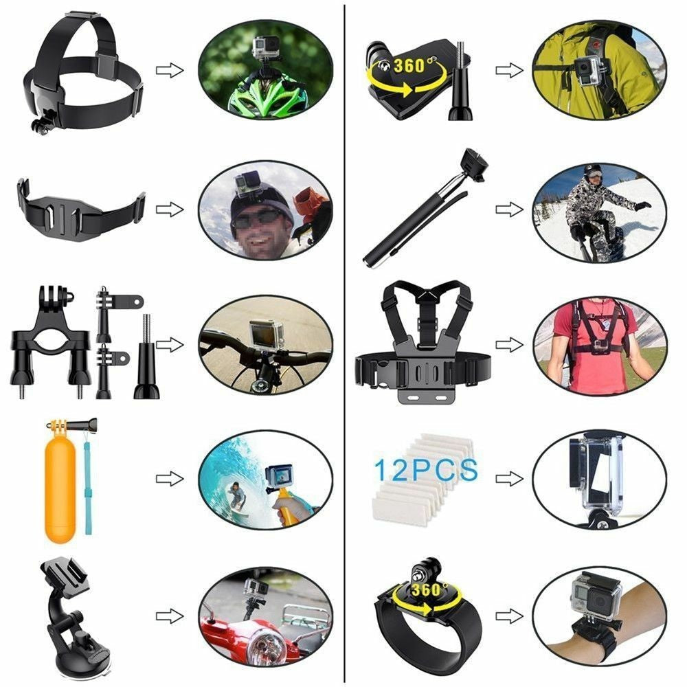 KTX-462227 Universal Sports Camera Mounting Accessories Kit with Chest Strap, Head Belt, Monopod, and More