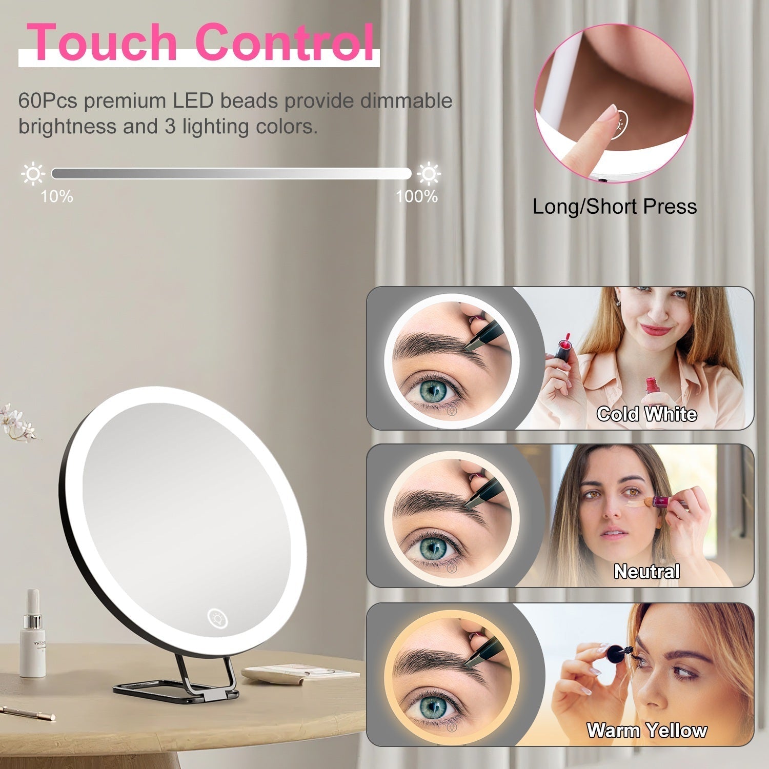 HKM-220691 30X Magnifying Makeup Mirror with Adjustable Light, Rechargeable Battery, and Compact Design for Travel