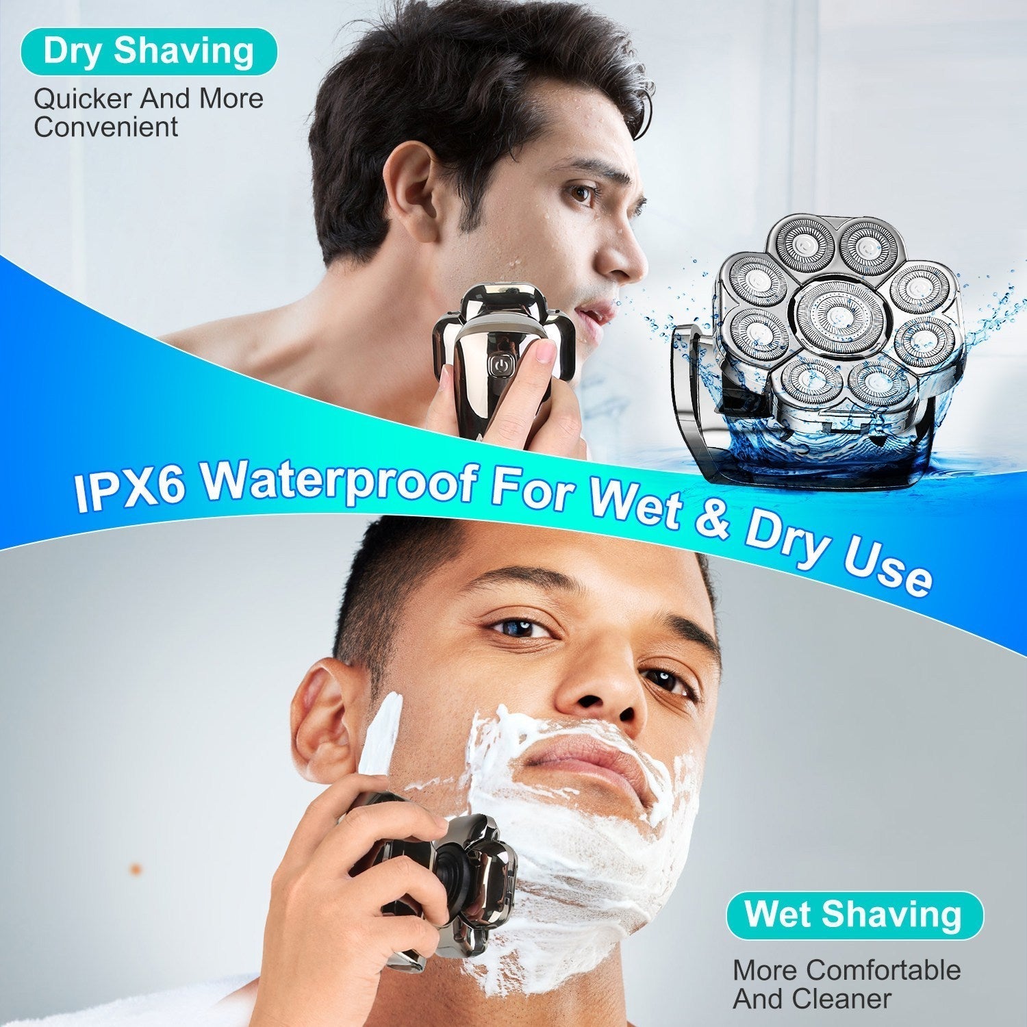 HKM-055187 6-in-1 Cordless Rechargeable 9D Electric Head Shaver for Men with LED Display and Travel Lock