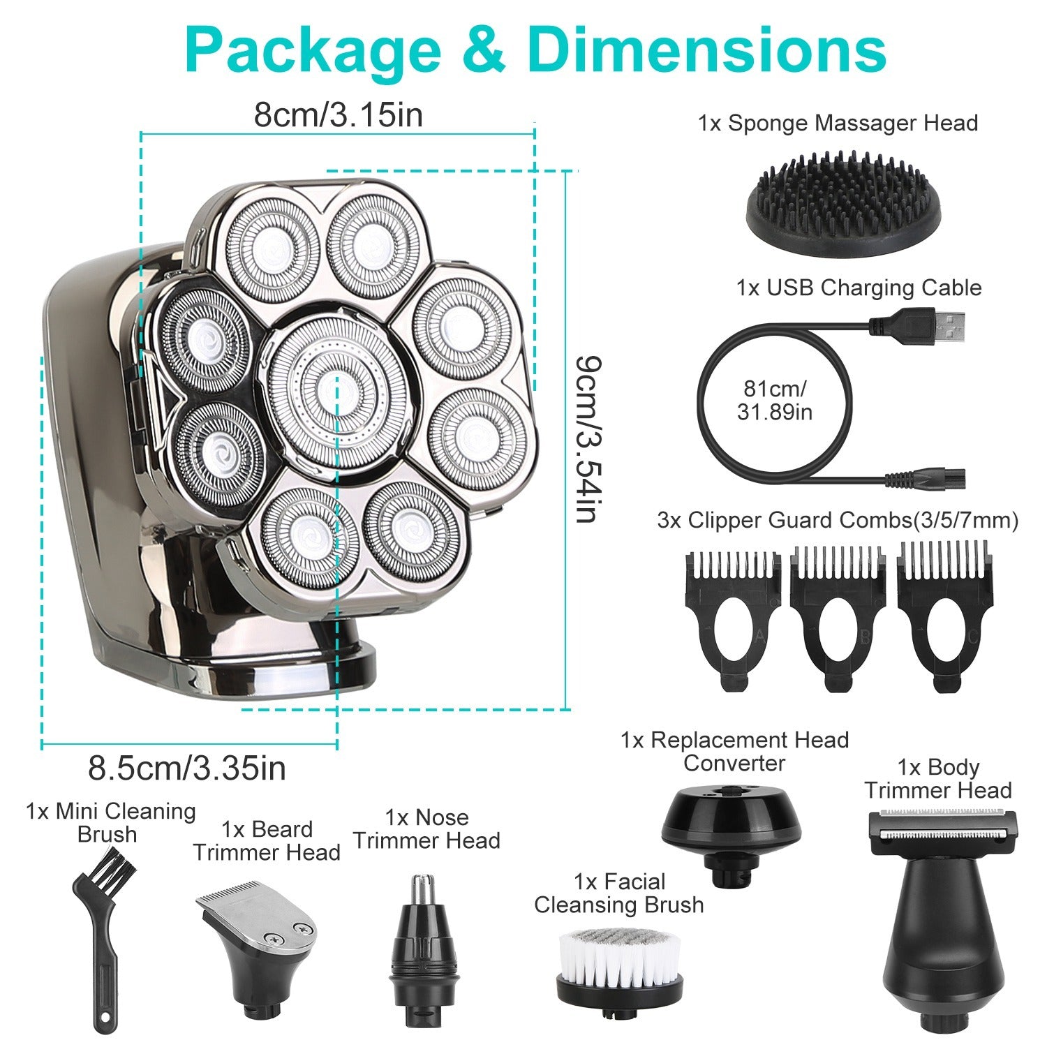 HKM-055187 6-in-1 Cordless Rechargeable 9D Electric Head Shaver for Men with LED Display and Travel Lock
