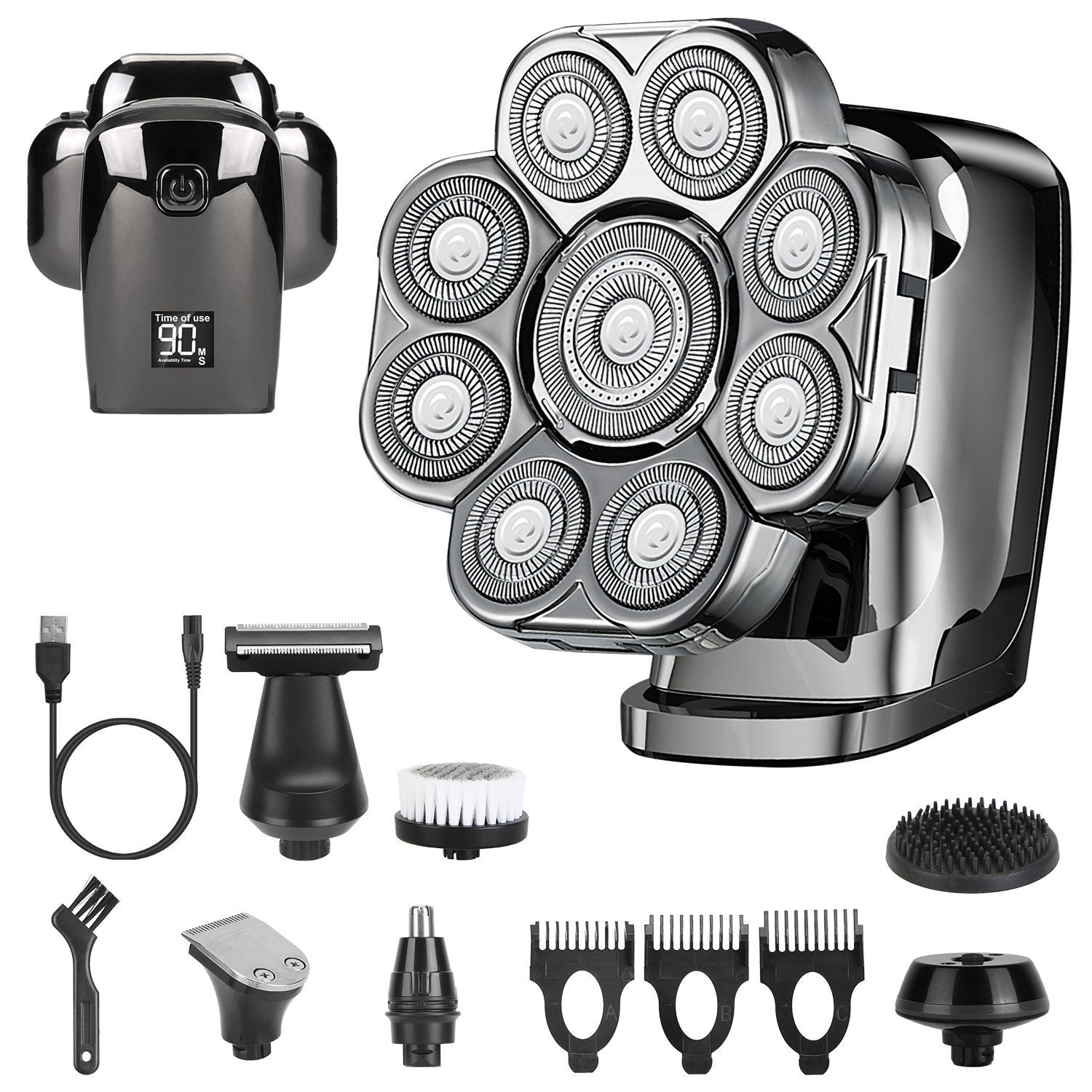 HKM-055187 6-in-1 Cordless Rechargeable 9D Electric Head Shaver for Men with LED Display and Travel Lock