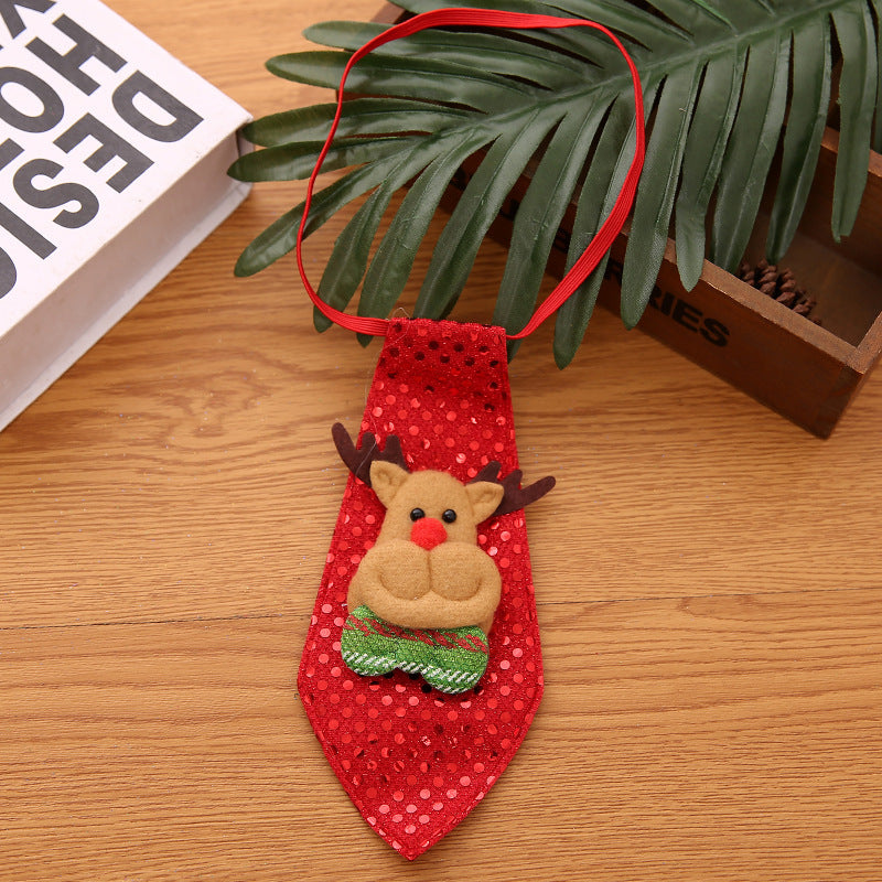 HKM-782163 Christmas Sequin Tie Decorations - Old Man, Snowman, Elk, Bear - 20x8cm - Fun Holiday Accessories