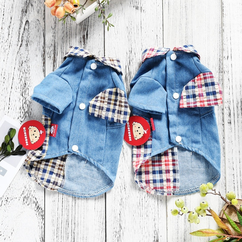 HKM-035091 Summer Plaid Cotton Dog Shirt in Blue and Red for Pets