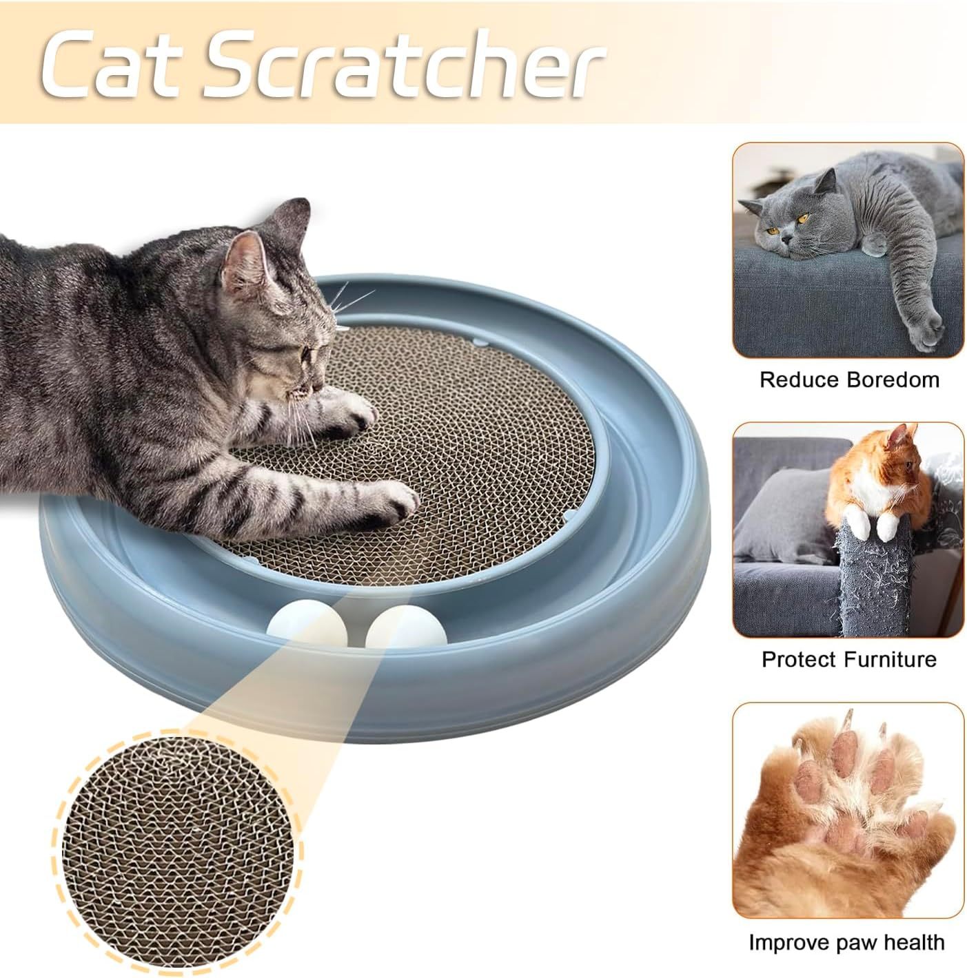 HKM-216851 Interactive Cat Scratching Board with Ball Track and Reversible Scratching Pad for Indoor Cats