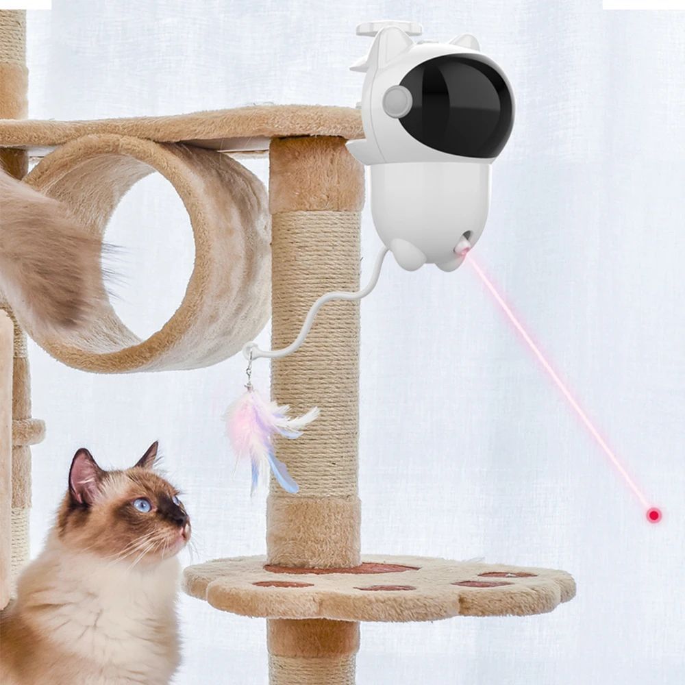 HKM-215699 Automatic Smart Cat Laser Toy with Random Movements for Cats and Dogs - White ABS Construction, Rechargeable 1800mAh Battery